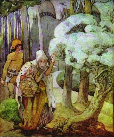 Ilustração mostra Jorindo com a bruxa segurando uma gaiola à sua frente